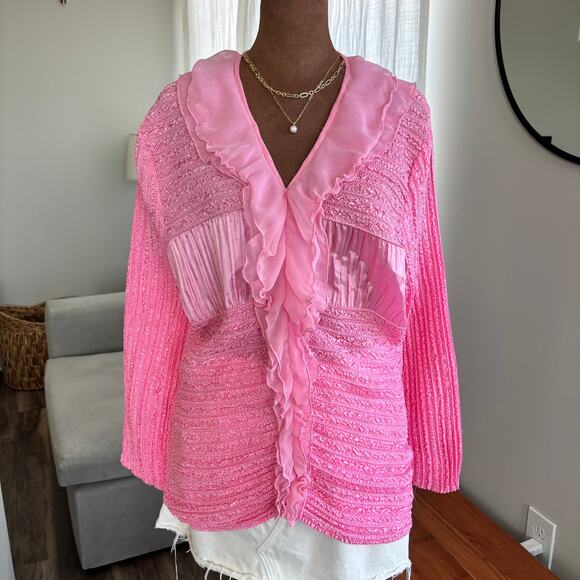 Y2K Vintage WD.NY Women’s Pink Top Textured Mesh Ruffle Blouse Top Size M - Picture 4 of 8